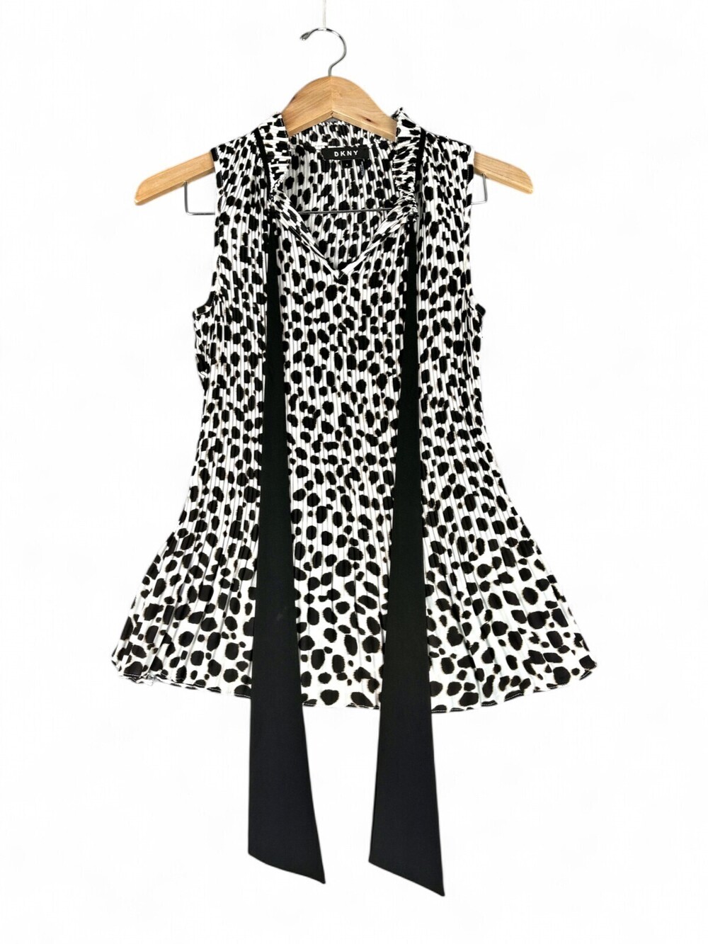 DKNY Sleeveless Pleated Tie-Neck Blouse Black White Animal Print S